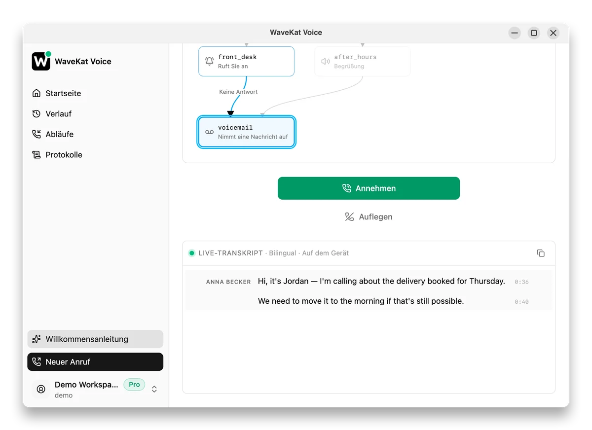 WaveKat Voice, während ein Anrufablauf eine Nachricht aufnimmt — mit Live-Transkript und einer Schaltfläche zum Übernehmen